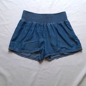 LC High Waist Chambray Pull On Festival Shorts With Pompoms